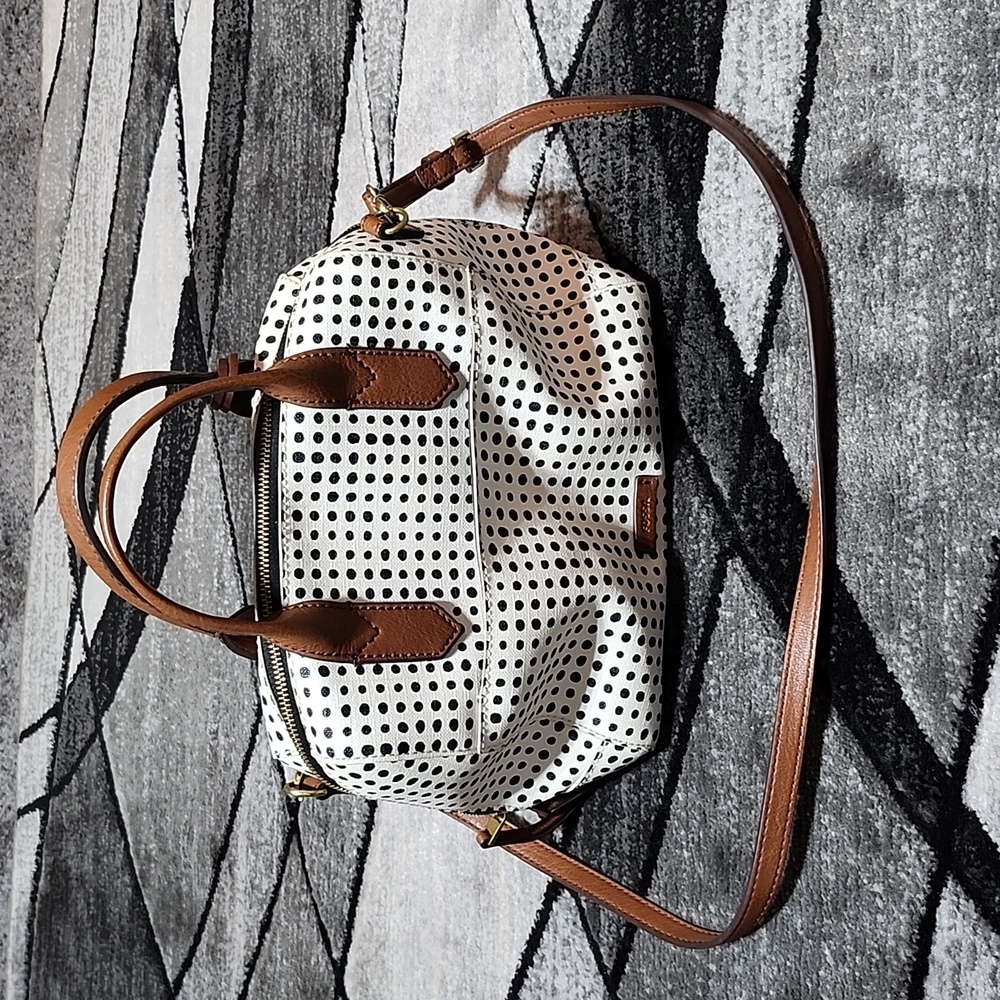 FOSSIL FIONA SATCHEL BLACK & WHITE POLKA-DOT LEATHER HANDBAG CROSSBODY P…